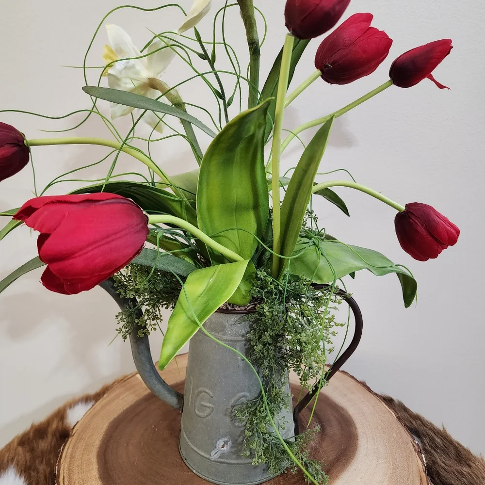 Rustic Farmhouse Galvanized Watering Can Tulip Floral Arrangement